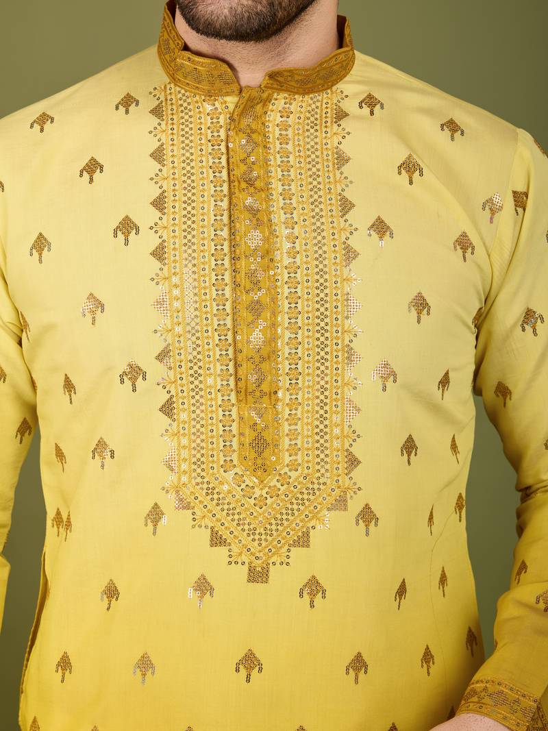 Yellow viscose silk thread & sequins embroidered with foil mirror work wedding festival party wear straight kurta