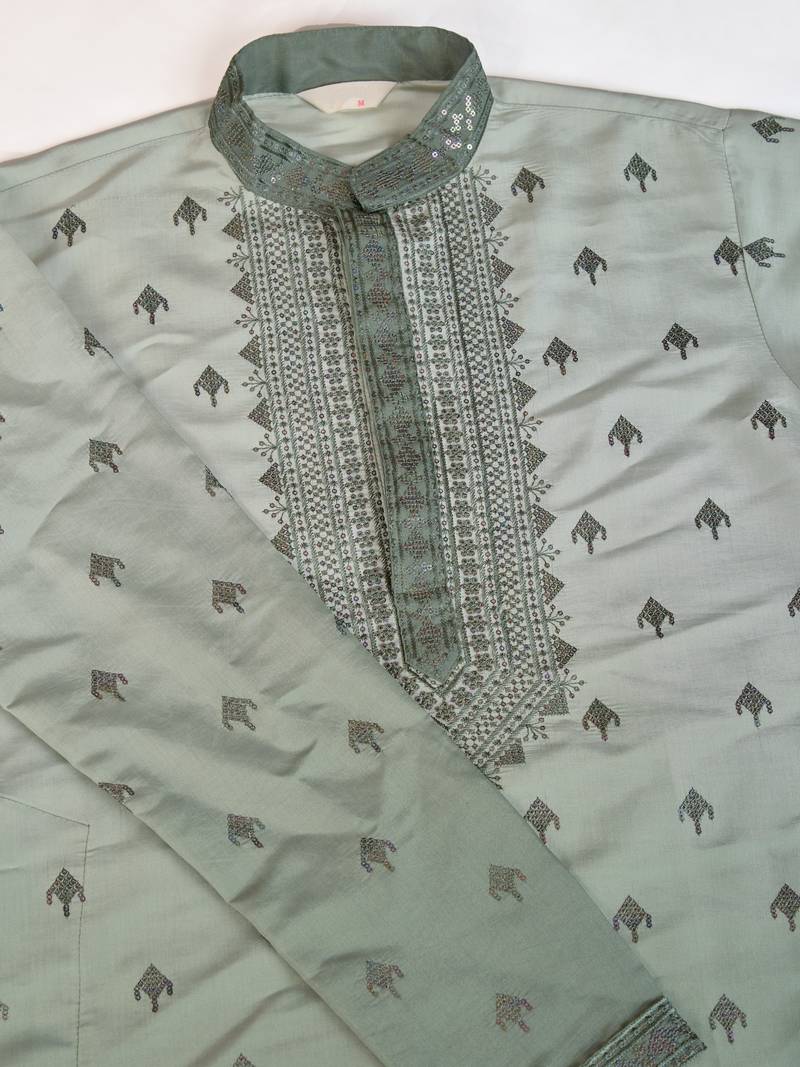 Light green viscose silk thread & sequins embroidered work wedding festival party wear straight kurta