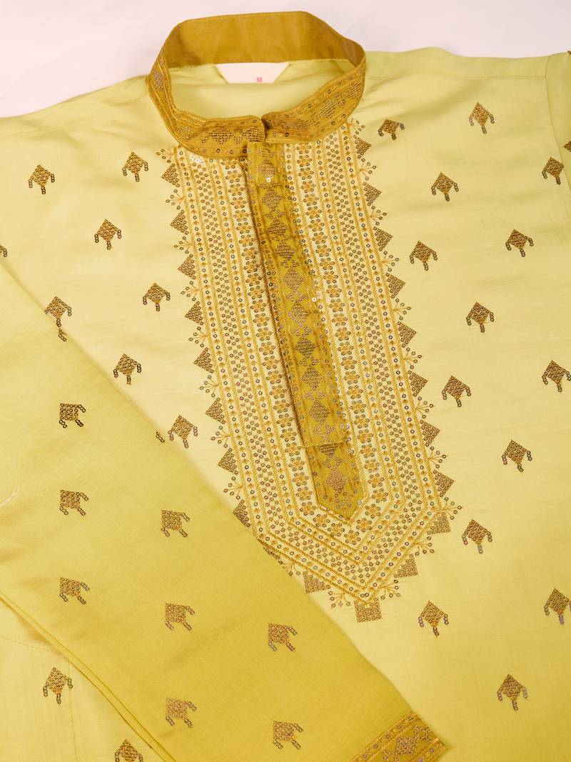 Yellow viscose silk thread & sequins embroidered with foil mirror work wedding festival party wear straight kurta