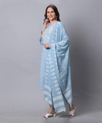 women's pure cambric cotton jaipuri printed & embroidered kurta & pant with dupatta 1