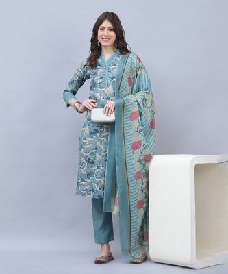 women's cotton blend floral printed kurta & pant with dupatta 1
