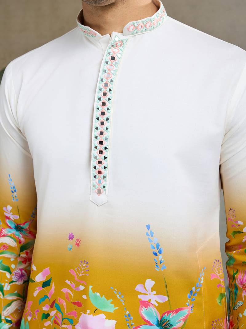 Yellow viscose rayon floral print with thread embroidered with mirror work wedding festival party wear straight kurta