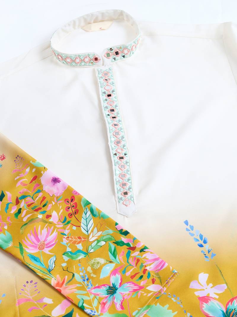 Yellow viscose rayon floral print with thread embroidered with mirror work wedding festival party wear straight kurta