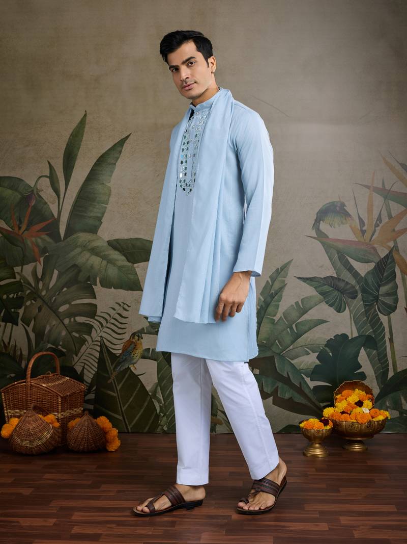 SKY BLUE VISCOSE RAYON JARI WEAVING MIRROR WORK WEDDING FUNCTION FESTIVAL PARTY WEAR STRAIGHT KURTA WITH DUPATTA