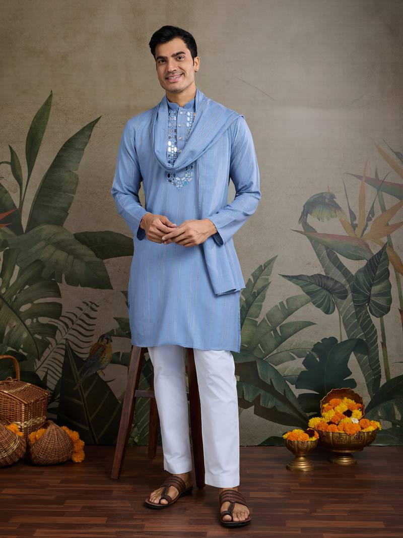 LIGHT BLUE VISCOSE RAYON JARI WEAVING MIRROR WORK WEDDING FUNCTION FESTIVAL PARTY WEAR STRAIGHT KURTA WITH DUPATTA