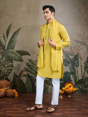 YELLOW VISCOSE RAYON JARI WEAVING MIRROR WORK WEDDING FUNCTION FESTIVAL MARRIAGE PARTY WEAR STRAIGHT KURTA WITH DUPATTA 6