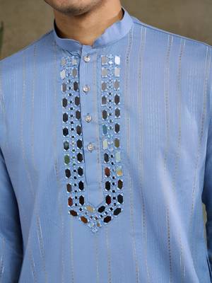 LIGHT BLUE VISCOSE RAYON JARI WEAVING MIRROR WORK WEDDING FUNCTION FESTIVAL PARTY WEAR STRAIGHT KURTA WITH DUPATTA 7