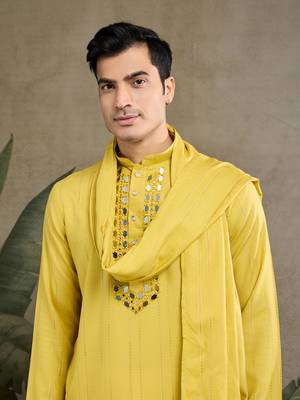 YELLOW VISCOSE RAYON JARI WEAVING MIRROR WORK WEDDING FUNCTION FESTIVAL MARRIAGE PARTY WEAR STRAIGHT KURTA WITH DUPATTA 7