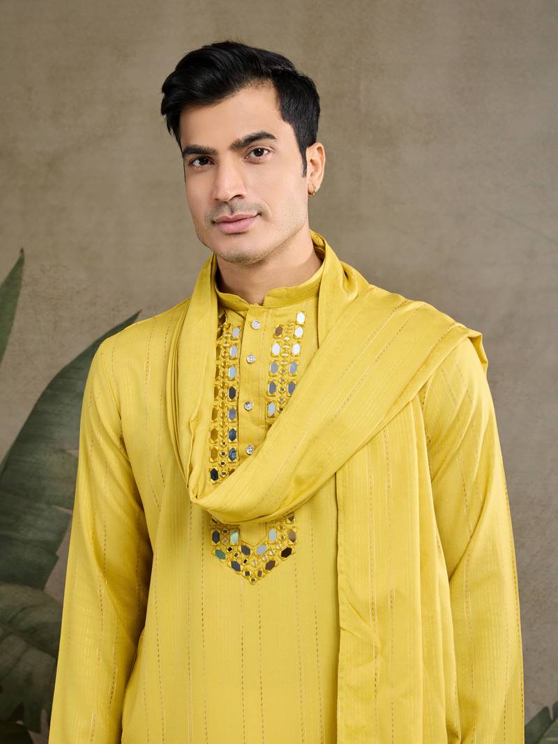 YELLOW VISCOSE RAYON JARI WEAVING MIRROR WORK WEDDING FUNCTION FESTIVAL MARRIAGE PARTY WEAR STRAIGHT KURTA WITH DUPATTA