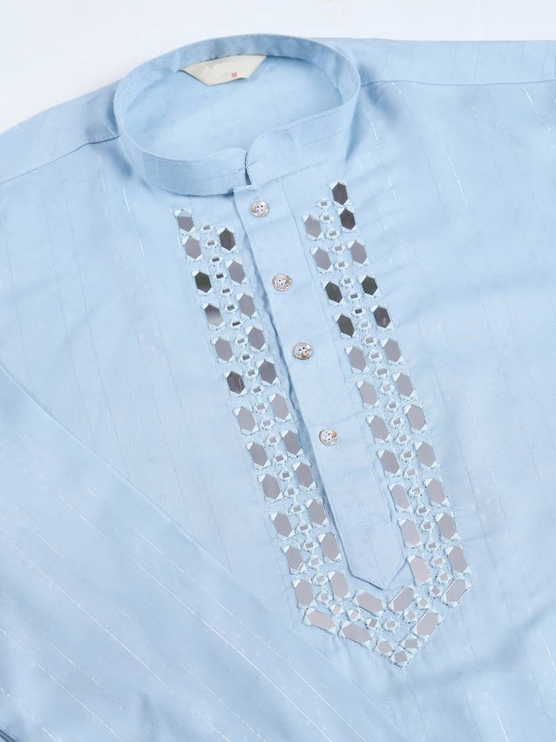 SKY BLUE VISCOSE RAYON JARI WEAVING MIRROR WORK WEDDING FUNCTION FESTIVAL PARTY WEAR STRAIGHT KURTA WITH DUPATTA