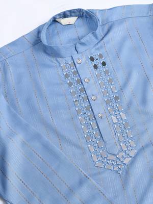 LIGHT BLUE VISCOSE RAYON JARI WEAVING MIRROR WORK WEDDING FUNCTION FESTIVAL PARTY WEAR STRAIGHT KURTA WITH DUPATTA 8