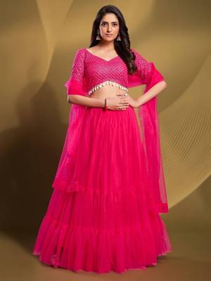 pink sequins work soft net lehenga set choli with dupatta 1