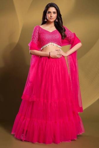 Pink Sequins Work Soft Net Reception Wear Lehenga Choli