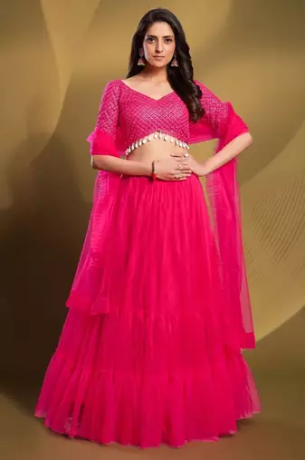 pink sequins work soft net lehenga set choli with dupatta