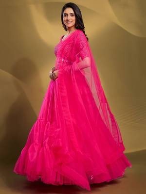 pink sequins work soft net lehenga set choli with dupatta 3
