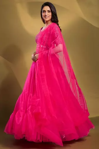 pink sequins work soft net lehenga set choli with dupatta