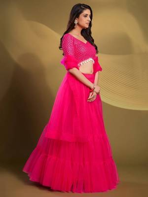 pink sequins work soft net lehenga set choli with dupatta 4