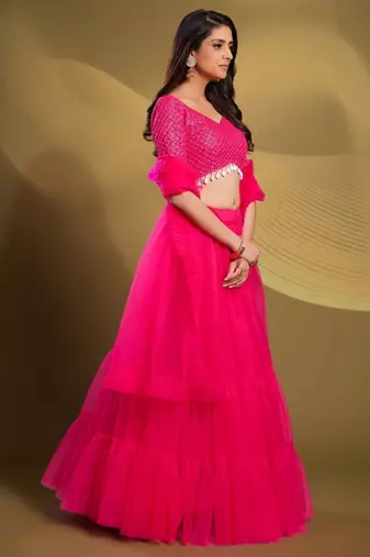 pink sequins work soft net lehenga set choli with dupatta