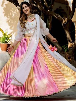 multi color leheriya printed art silk lehenga set choli with dupatta 3
