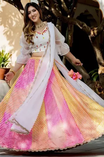 multi color leheriya printed art silk lehenga set choli with dupatta