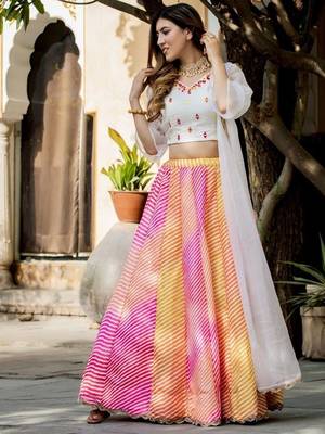 multi color leheriya printed art silk lehenga set choli with dupatta 5