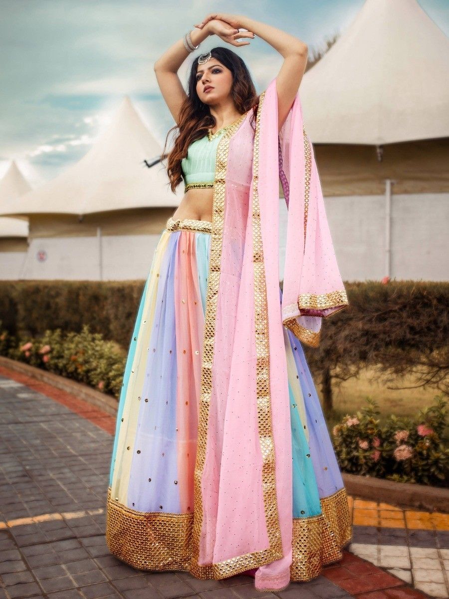 Multi Color Sequins Georgette Lehenga Set Choli With Dupatta