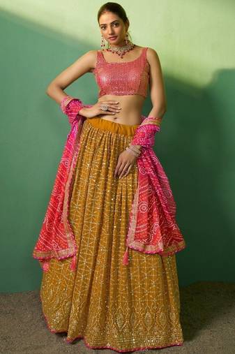 Mustard Sequins Georgette Haldi Wear Lehenga Choli