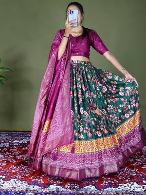 green floral printed dola silk traditional lehenga set choli with dupatta 3