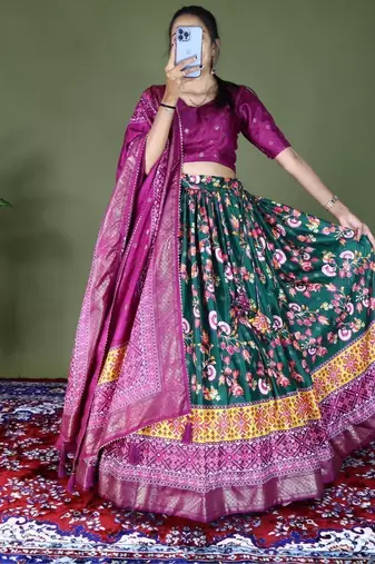 green floral printed dola silk traditional lehenga set choli with dupatta
