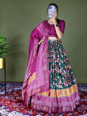 green floral printed dola silk traditional lehenga set choli with dupatta 4