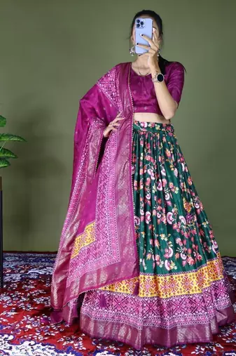 green floral printed dola silk traditional lehenga set choli with dupatta