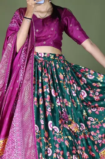 green floral printed dola silk traditional lehenga set choli with dupatta