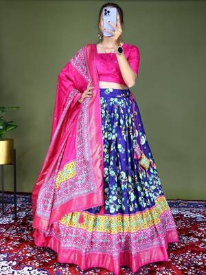 blue floral printed dola silk festival lehenga set choli with dupatta 1