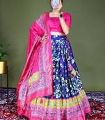blue floral printed dola silk festival lehenga set choli with dupatta