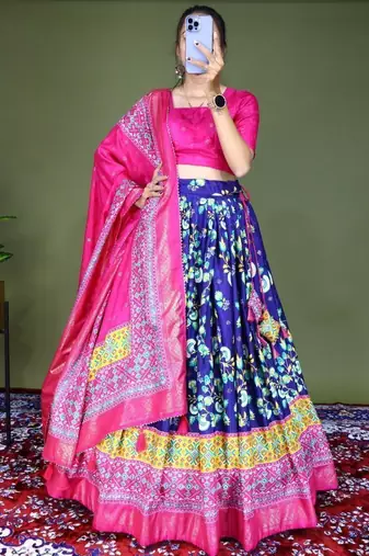 blue floral printed dola silk festival lehenga set choli with dupatta