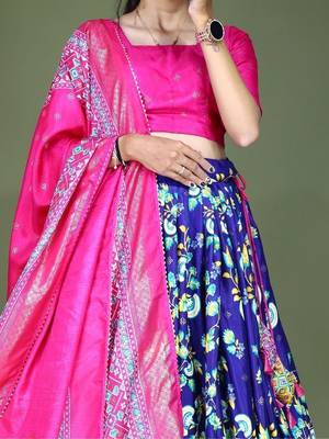 blue floral printed dola silk festival lehenga set choli with dupatta 5
