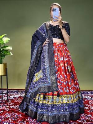 red floral printed dola silk lehenga set choli with dupatta 1