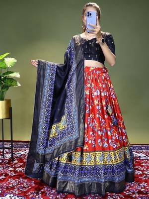 red floral printed dola silk lehenga set choli with dupatta 3