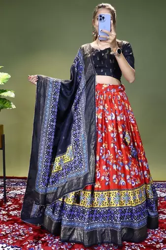 red floral printed dola silk lehenga set choli with dupatta