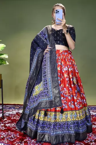 red floral printed dola silk lehenga set choli with dupatta