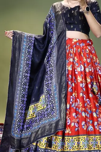 red floral printed dola silk lehenga set choli with dupatta