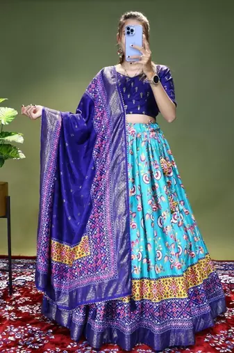 sea green floral printed dola silk lehenga set choli with dupatta with blouse