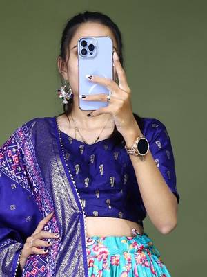 sea green floral printed dola silk lehenga set choli with dupatta with blouse 4