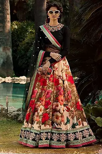 multi color floral printed silk wedding lehenga set choli with dupatta with dupatta