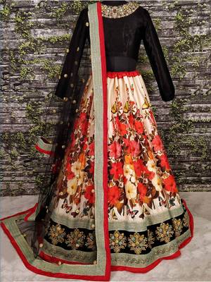 multi color floral printed silk wedding lehenga set choli with dupatta with dupatta 4