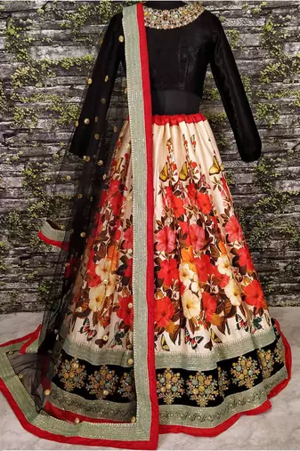 multi color floral printed silk wedding lehenga set choli with dupatta with dupatta