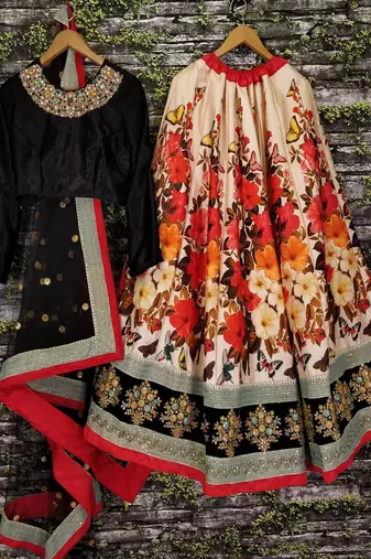 multi color floral printed silk wedding lehenga set choli with dupatta with dupatta