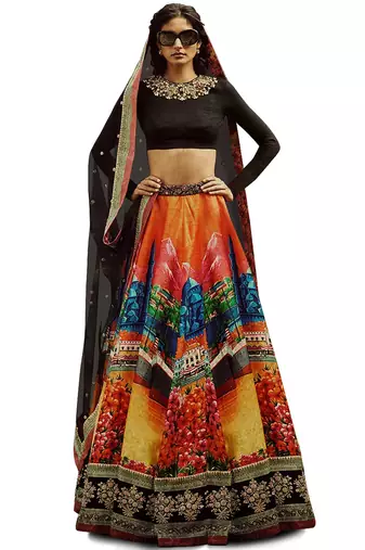 multi color digital printed silk wedding lehenga set choli with dupatta