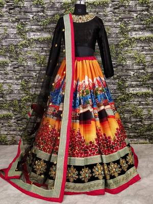 multi color digital printed silk wedding lehenga set choli with dupatta 3