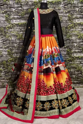 multi color digital printed silk wedding lehenga set choli with dupatta